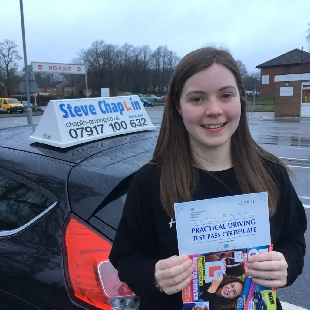 Katie Sloan passing her driving test after taking driving lessons in West Hallam with Steve Chaplin School.