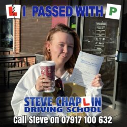 Celebrating Lucy Elston-White's driving test success at Chilwell Test Centre. Lucy Elston-White passing her driving test after taking automatic driving lessons in Ilkeston with Steve Chaplin Driving School.
